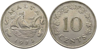 Мальта 10 центов 1972 баржа Великого магистра KM 11 медно-никель 109-1036
