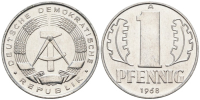ГДР 1 пфенниг 1968 А KM 8.1 алюминий aUNC 4564-1025