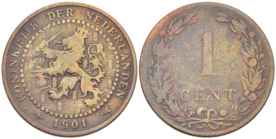 НИДЕРЛАНДЫ 1 ЦЕНТ 1901 ВИЛЬГЕЛЬМИНА (1890-1948), 15 ГЕРБОВ KM 130 бронза 218-858