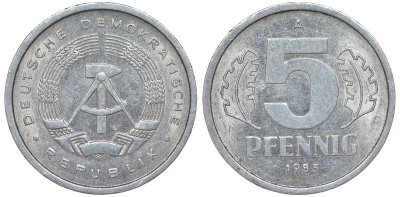 ГДР 5 ПФЕННИГОВ 1983 A КМ 9.2 алюминий 62-455
