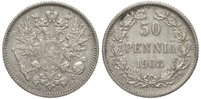 Россия для Финляндии 50 пенни 1908 L, Николай II (1894-1917) КМ 2.2, Биткин 403 серебро 75-831