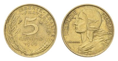 Франция 5 сантимов 1966 тип Morlon KM 933, Le Franc 125.2 алюминиевая бронза 4702-1228