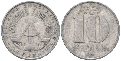 ГДР 10 пфеннигов 1967 А KM 10 алюминий 3459-612