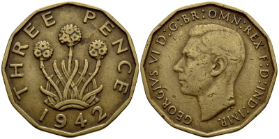 Великобритания 3 пенса 1942 Георг VI (1936-1952) KM 849, Spink 4112 никель латунь 4398-1145