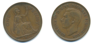 Великобритания 1 пенни 1937 Георг VI (1936-1952) KM 845, Spink 4114 бронза 89-115