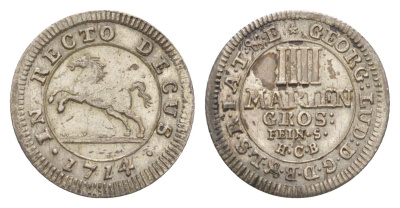 Брауншвейг-Каленберг-Ганновер 4 мариенгроша 1714 HCB, Георг I (1698-1727), из коллекции Ричарда Б. Смита Welter 2197, KM 33 серебро 1525-642