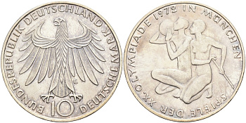 ФРГ 10 марок 1972 G, XX летние Олимпийские Игры, Мюнхен 1972, спортсмены KM 132, J. 403 серебро UNC 4558-232