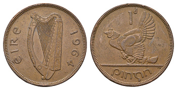 Ирландия 1 пенни 1964 курица с цыплятами KM 11 бронза 4178-1315