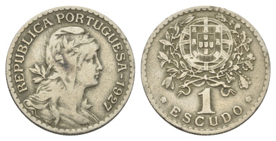 Португалия 1 эскудо 1927 голова Свободы вправо KM 578 никель латунь    4660-341