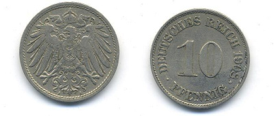 ГЕРМАНИЯ 10 ПФЕННИГОВ 1908 A KM 12, J. 13 медно-никель 58-337