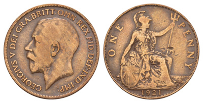 Великобритания 1 пенни 1921 Георг V (1910-1936) KM 810, Spink 4051 бронза 109-343