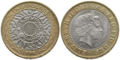 Великобритания 2 фунта 1998 Елизавета II (1952-2022) KM 994, Spink 4570 (K9) (K9) биметалл 3999-1033