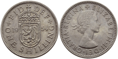 Великобритания 1 шиллинг 1954 Елизавета II (1952-2022), Шотландский герб KM 905, Spink 4148 медно-никель 83-1244