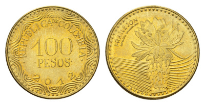 Колумбия 100 песо 2012 KM 296 сталь плакированная латунью UNC 4696-1258