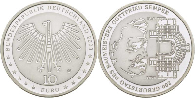 ФРГ 10 евро 2003 G, 200 лет Готфриду Земперу KM 227, DE.S. 10.11 серебро PROOF 413-5124