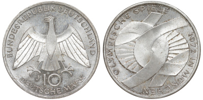 ФРГ 10 марок 1972 J, XX летние Олимпийские игры 1972 года в Мюнхене, символика KM 131, J.402 серебро aUNC 4178-815