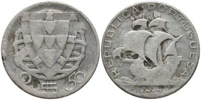 Португалия 2,50 эскудо 1942 парусник КМ 580 серебро 202-354