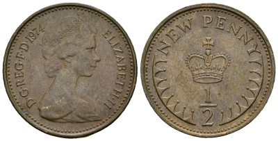 Великобритания 1/2 пенни 1974 Елизавета II (1952-2022) KM 914, Spink 4239 бронза 4173-814