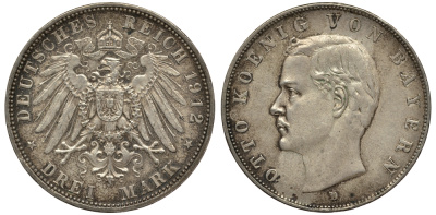 Бавария 3 марки 1909 Отто (1886-1913) Weege 45, J. 47, KM 515 серебро 413-5312