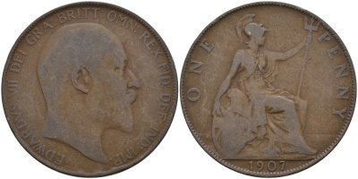 Великобритания 1 пенни 1907 Эдуард VII (1901-1910) KM 794.2, Sp 3990 бронза 4144-741