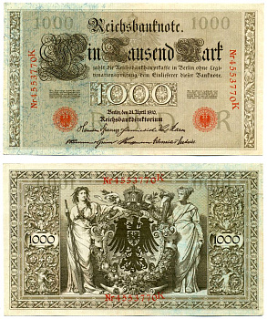Германия 1000 марок 1910 21 апреля 1910, Буква R, номер семизначный, серия К, выпуск 08.1922 Pick 44, Розенберг 45с бумага 8618-4-1-2