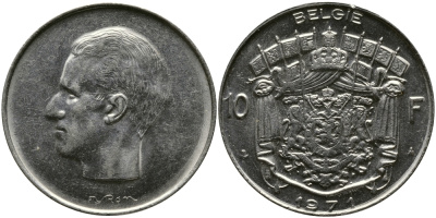 БЕЛЬГИЯ 10 ФРАНКОВ 1971 BELGIE, БОДУЭН I (1951-1993) KM 156.1 никель 3333-1041