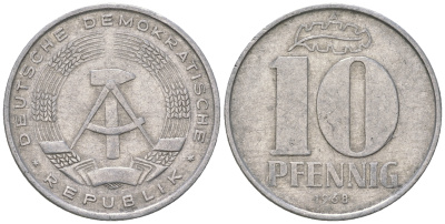 ГДР 10 пфеннигов 1968 A KM 10 алюминий 3459-626
