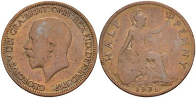 Великобритания 1/2 пенни 1931 Георг V (1910-1936) KM 837, Spink 4058 бронза 4143-715
