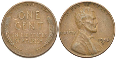 США 1 ЦЕНТ 1956 D, ЛИНКОЛЬН KM А132 медь цинк 218-1031