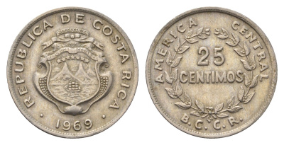Коста-Рика 25 сентимо 1969 KM 188.1 медно-никель 4698-345