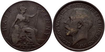 Великобритания 1/2 пенни 1923 Георг V (1910-1936) KM 809, Spink 4056 бронза 51-926