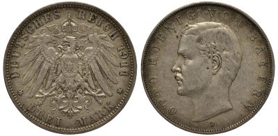 Бавария 3 марки 1911 Отто (1886-1913) Weege 45, J. 47, KM 515 серебро 3711-2035