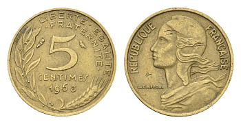 Франция 5 сантимов 1968 KM 933 алюминиевая бронза 4702-1231