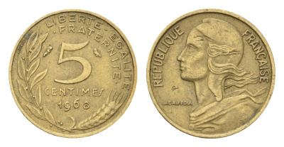 Франция 5 сантимов 1968 KM 933 алюминиевая бронза 4702-1231
