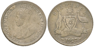 Австралия 6 пенсов 1922 Георг V (1910-1936) KM 25 серебро 4611-542