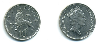 Великобритания 10 пенсов 1992 Елизавета II (1952-2022) KM 938b, Spink 4367 (F4) медно-никель 59-1245