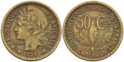 Камерун 50 сантимов 1926 (a), мондвор Париж KM 1 алюминиевая бронза 4169-1124