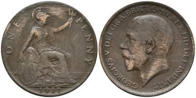 Великобритания 1 пенни 1911 Георг V (1910-1936) KM 810, Spink 4051 бронза 32-833
