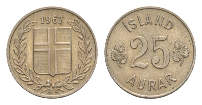 Исландия 25 эйре 1967 KM 11 медно-никель UNC 4632-952