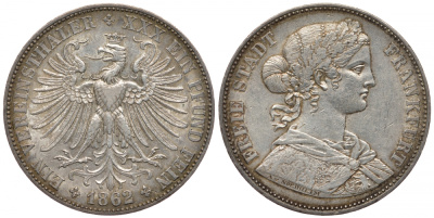 Франкфурт 1 талер 1862 KM 370, Jaeger 42b, AKS 10, Thun. 144, Kahnt 170 серебро 413-4543