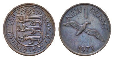 Гернси 1 новый пенни 1971 Елизавета II (1952-2022), северная олуша в полете, год-тип KM 21 бронза 4696-245