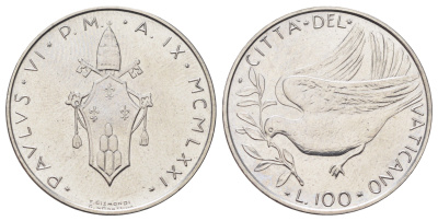 Ватикан 100 лир 1971 MCMLXXI KM 122 нержавеющая сталь UNC 4700-652
