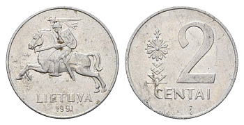 Литва 2 цент (сента) 1991 год-тип KM 86 алюминий 4701-1234