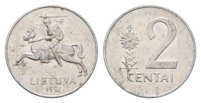 Литва 2 цент (сента) 1991 год-тип KM 86 алюминий 4701-1234