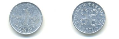 Финляндия 1 пенни 1971 KM 44а алюминий 80-838