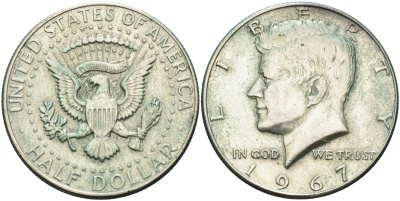 США 1/2 доллара (50 центов) 1967 Джон Кеннеди KM 202а серебро 4593-414