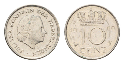 Нидерланды 10 центов 1969 Юлиана (1948-1980) KM 182 никель 4685-1165