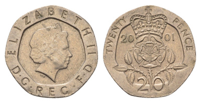Великобритания 20 пенсов 2001 Елизавета II (1952-2022) KM 990, Spink 4630 (G3) медно-никель 4696-853