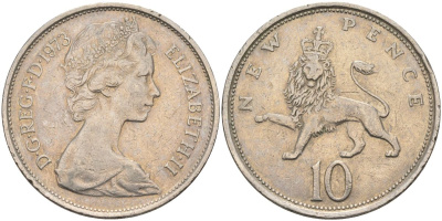 Великобритания 10 пенсов 1973 Елизавета II (1952-2022) KM 912, Spink 4231 (F1) медно-никель 4593-813
