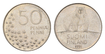 Финляндия 50 пенни 1991 M, полярный медведь KM 66 медно-никель 4702-442